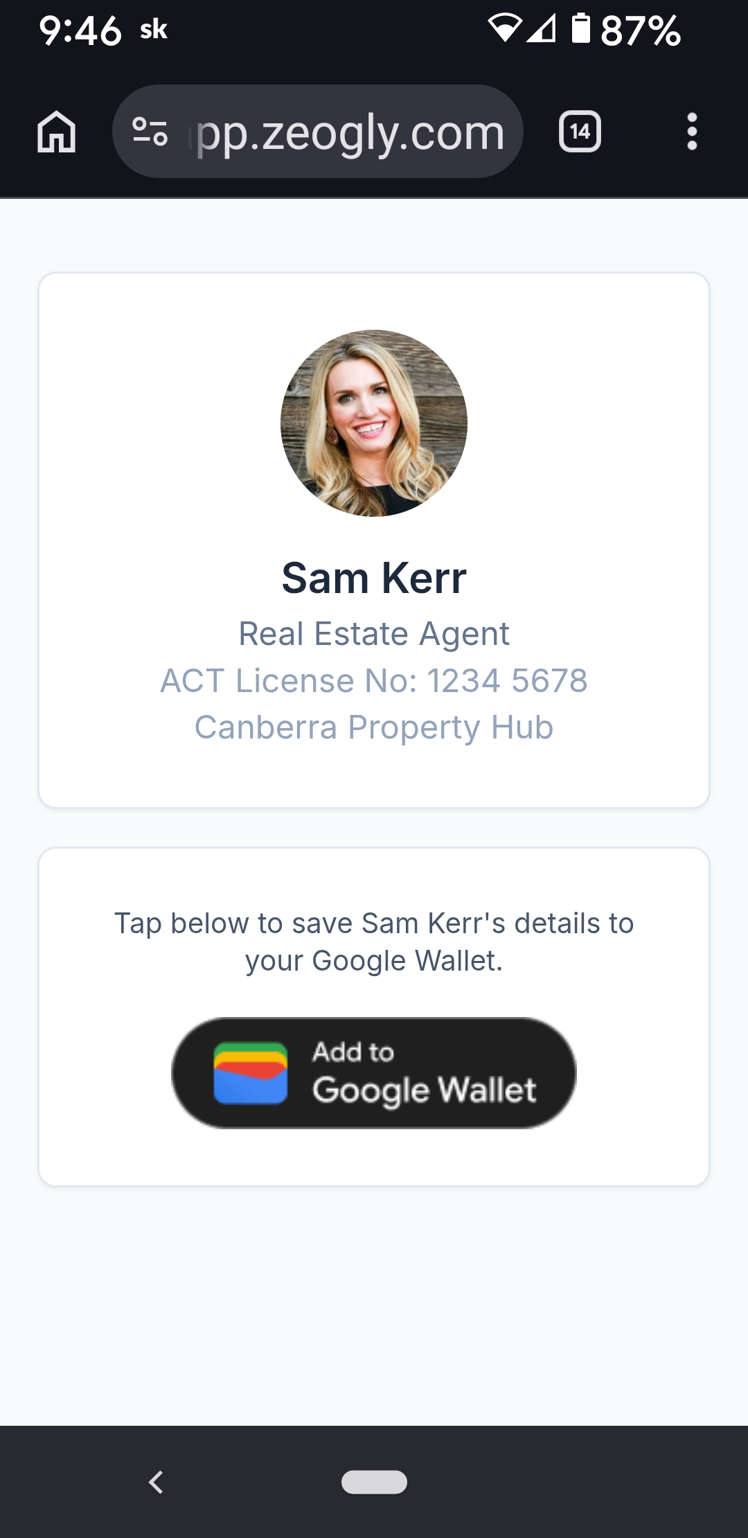 Browser landing page shown after scanning the QR code, with an Add to Google Wallet button